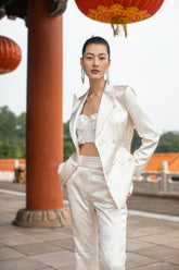 White Satin Blazer and Pants Suit